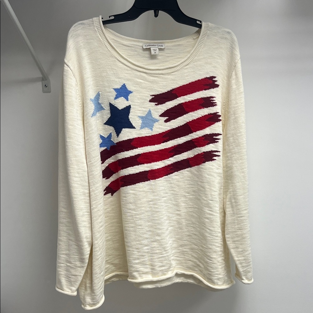 Coldwater Creek Cream Scoopneck Sweater with Red & Blue Flag Motif